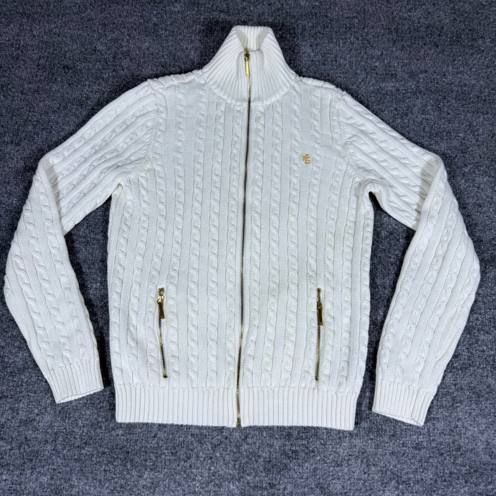 Lauren Ralph Lauren Cream Cable Knit Full Zip Mock Neck Sweater Gold Hardware